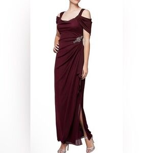 Alex Evenings Square Neck Cold Shoulder Cap Sleeve Side Brooch Gown Wine Sz 18